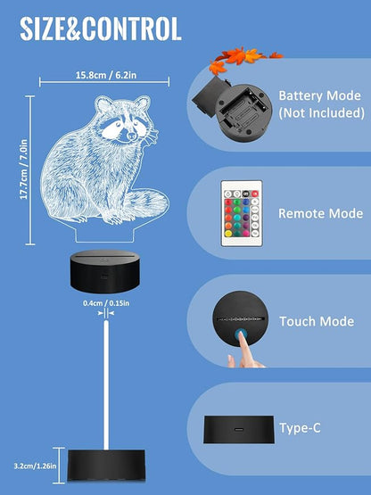 Lampeez Raccoon 3D Night Light for Kids, LED 16 Colors Remote Control Changing Touch Dimmable Table Desk Lamp, Cute Animal Gifts for Raccoon Lovers Animal Fans