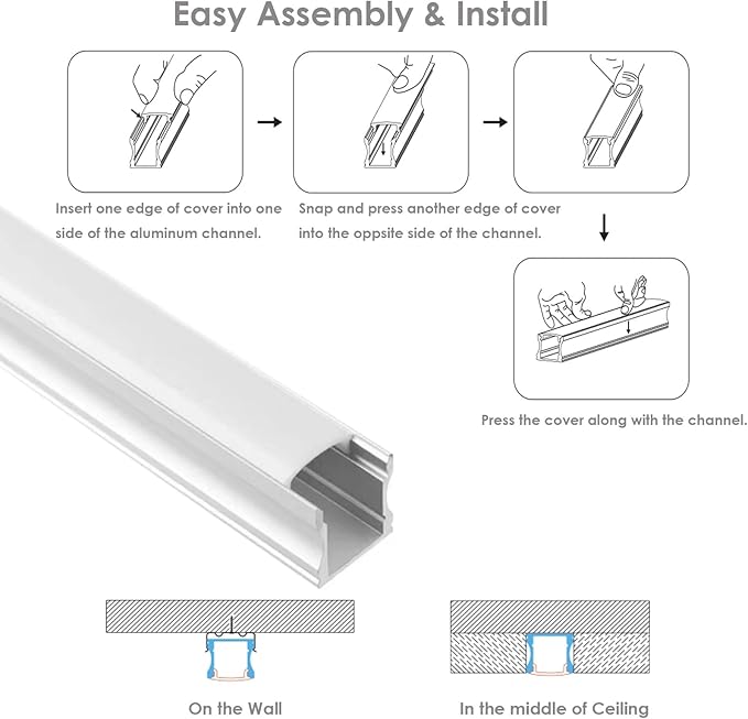 Besseto 8 Pack 6.6ft/2M Spotless LED Aluminum Channel,Flat Milky Diffuser Deep Aluminum Channel Profile Track Extrusion for LED Strip Light Width Up to 12mm