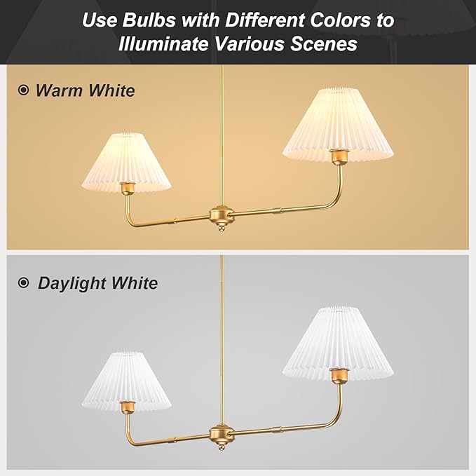 Gold Linear Chandelier, 2-Light Modern Chandelier for Dining Room Light Fixture, Kitchen Island Lighting with White Fabric Shade Linear Pendant Lights for Restaurant, Living Room, Bedroom