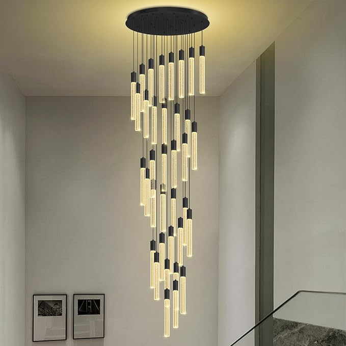 200" Extra Long Crystal Chandelier for High Ceiling 36-Light Black Crystal Column Chandeliers Modern Dimmable LED Ceiling Light for Foyer Entryway Staircase Double-Height Hotel Lobby