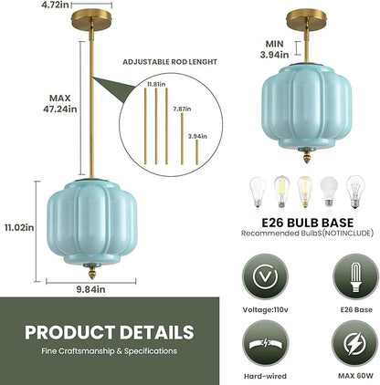 Vintage Blue Glass Pendant Lights 9.8 Inch Mid Century Modern Hanging Ceiling Light, Adjustable Height Kitchen Island Hanging Lights for Dining Room, Kitchen, Hallway and Bedroom, E26 Base