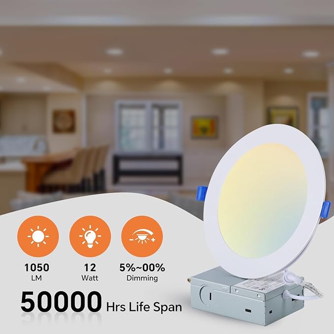 Simple Deluxe 12 Pack 6 Inch Ultra-Thin Recessed Ceiling Light with Junction Box,2700K-5000K 5CCT,1050LM 12W Eqv 110W Brightness Dimmable Canless Wafer Downlight ETL&FCC