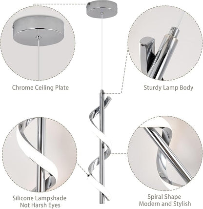 CANEOE 3 Packs Modern Spiral Led Pendant Light Fixture, Cold White 5500K Kitchen Island Pendant Lamp, Adjustable Hanging Light Fixture for Bedroom Living Room Kitchen Sink (Chrome)