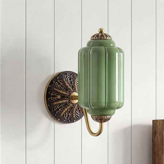 Vintage Milk Green Glass Wall Sconce - Milk Glass Shade Antique Brass Indoor Wall Light for Bedroom, Living Room, and Hallway
