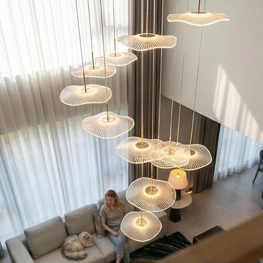 ziidoo High Ceiling Chandelier - 32-Light Dimmable Modern Gold Long Spiral Luxury Linear Lotus Leaf Led Lamp Hanging Pendant Lights for Foyer Enterway Staircase Villas
