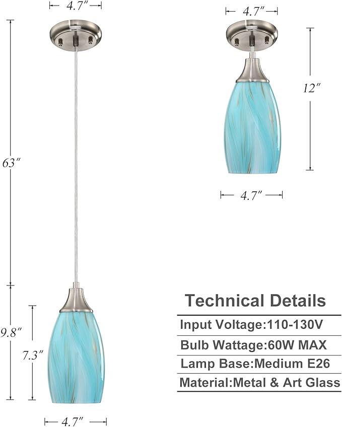 karyfine Mini Pendant Light,Handcrafted Art Glass Pendant Lighting Shade with Brushed Nickel Finished Teal Glass Ceiling Hanging lamp Adjustable Cord for Kitchen Island,Hallway,Dining Room