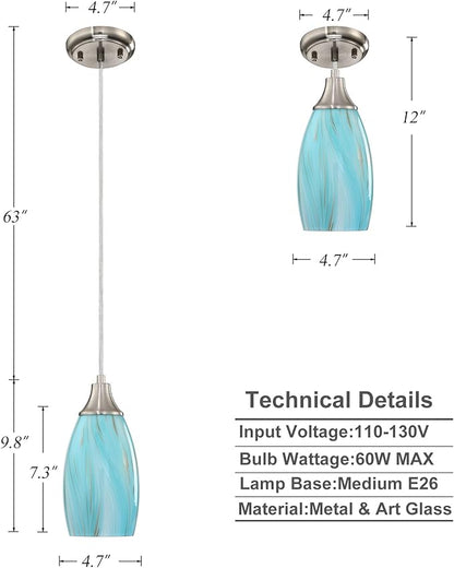 karyfine Mini Pendant Light,Handcrafted Art Glass Pendant Lighting Shade with Brushed Nickel Finished Teal Glass Ceiling Hanging lamp Adjustable Cord for Kitchen Island,Hallway,Dining Room