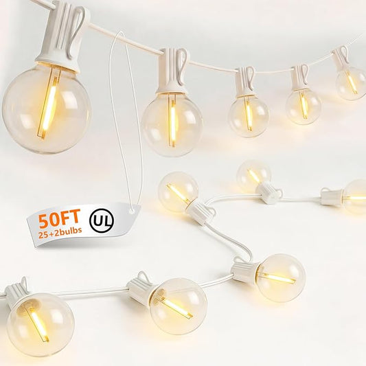 50Ft Outdoor String Lights G40 Globe Patio Lights Waterproof with 27 LED Shatterproof Globe Bulbs(2 Spare), Dimmable for Backyard Party Porch Wedding Bedroom Decor, White Wire