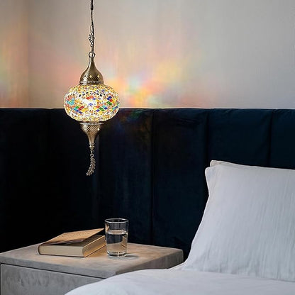 Turkish Moroccan Mosaic Pendant Light - Handcrafted Tiffany Style Swag Lamp with 15ft Cord, Vintage Glass Ceiling Fixture for Mediterranean Decor (Multicolor1)