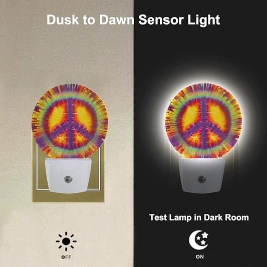 Peace Sign Tie Dye Night Lights Plug into Wall Yellow Colorful Circle Plug-in Nightlight Auto on/Off Dim Light Sleep Friendly for Home Decor & Holiday Gifts for Family Friends