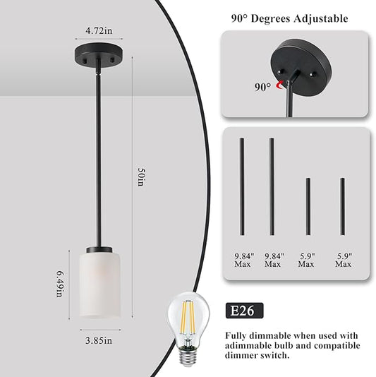 1-Light Mini Pendant Light Fixtures, Industrial Chandelier Hanging Ceiling Lights with Opal White Glass, Adjustable Height, Black Pendant Lamp, 3 Pack