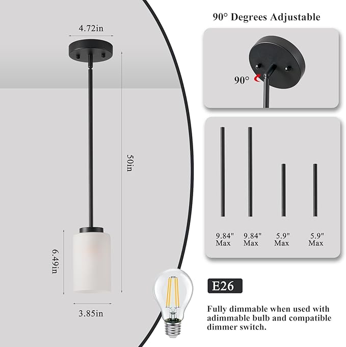 1-Light Mini Pendant Light Fixtures, Industrial Chandelier Hanging Ceiling Lights with Opal White Glass, Adjustable Height, Black Pendant Lamp, 2 Pack