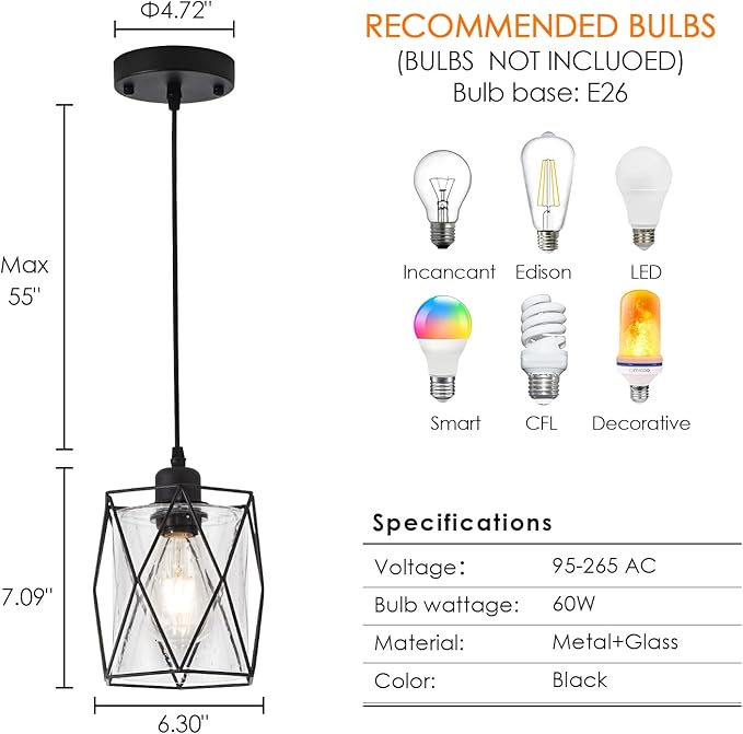Black Pendant Light Over Table Cage Blown Clear Seeded Glass Farmhouse Hanging Light Fixture Industrial Adjustable Cord for Kitchen Island Dining Room Above Sink
