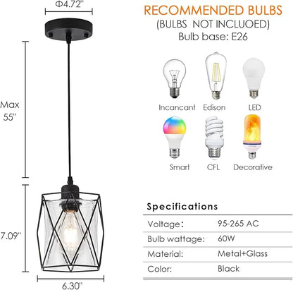 Black Pendant Light Over Table Cage Blown Clear Seeded Glass Farmhouse Hanging Light Fixture Industrial Adjustable Cord for Kitchen Island Dining Room Above Sink