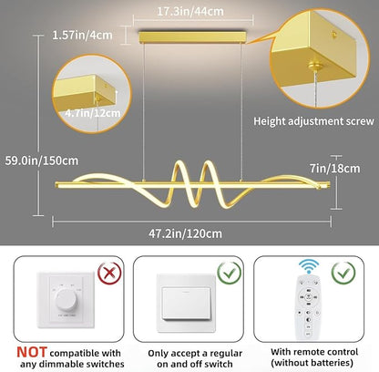 Modern LED Pendant Lights, Ceiling Chandelier Dimmable with Remote Control 3000k-6000K Adjustable Color Temperature, Aluminum Island Lighting Lamp Fixture for Kitchen, Dining Room(47in Gold)