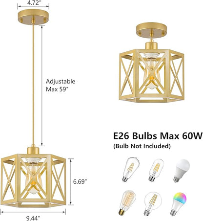 XSDeTu 2 Pack Gold Pendant Lights, Modern Farmhouse Hanging Light Fixture with Hexagonal Cage, Vintage Brass Metal Ceiling Lights, Adjustable Lantern Pendant Lighting for Kitchen Island Sink Hallway
