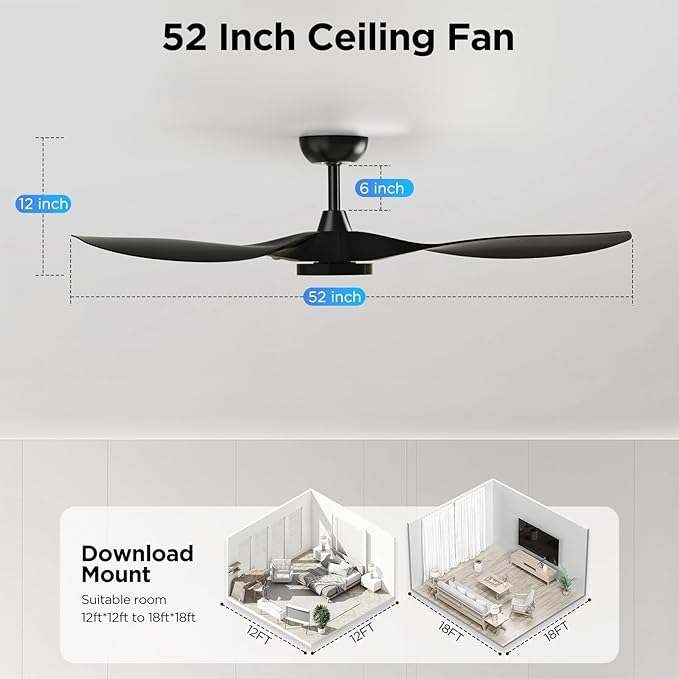 Roomratv Ceiling Fans with Lights and Remote Control,Quiet Noiseless Reversible DC Motor,6 Speeds,Timers, 3 CCT, Indoor Use, Plastic Blades,52 Inch Black Modern Ceiling Fan for Bedroom Living Room