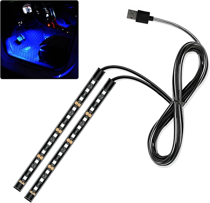 Car LED Strip Light, 12V 24 LED Interior Atmosphere Lights Under Dash Ambient Night Light, Universal Auto Interior Decorative Lamp with USB Port, Truck SUV Car Accessories (Blue, USB)