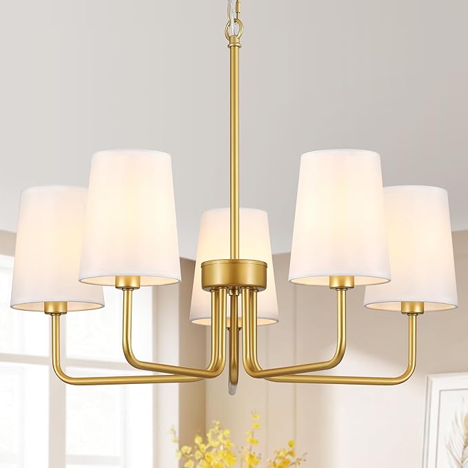 Modern Farmhouse Chandelier, 5-Light Gold Chandelier White Fabric Shade, Height Adjustable Industrial Pendant Light for Kitchen Over Table, 25‘’Dining Room Light Fixture for Living Room