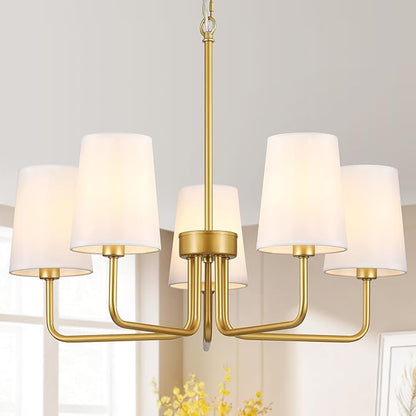Modern Farmhouse Chandelier, 5-Light Gold Chandelier White Fabric Shade, Height Adjustable Industrial Pendant Light for Kitchen Over Table, 25‘’Dining Room Light Fixture for Living Room