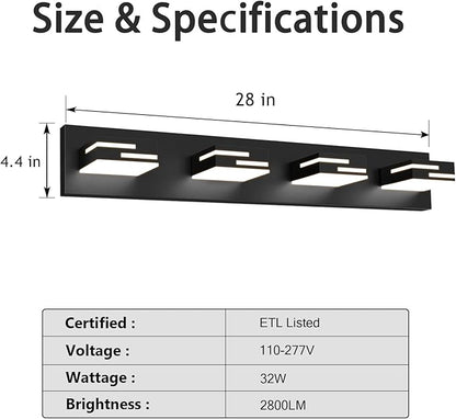 LED Modern Bathroom Vanity Light Fixtures 4-Light 28-inch 5CCT Dimmable Matte Black Vanity Lights for Bathroom Lighting Fixtures Over Mirror, with 360° Rotatable Acrylic Heads