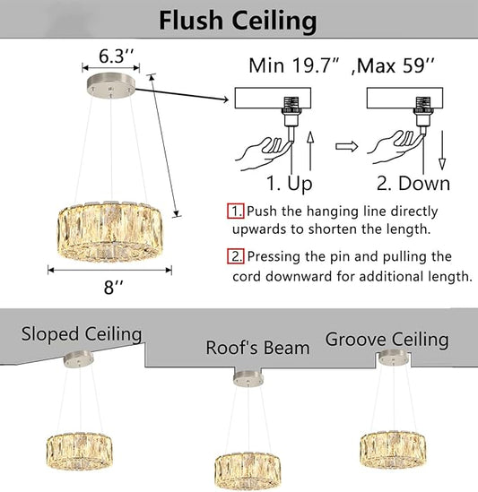 HAIXIANG Modern Crystal Chandelier Dimmable LED 8 Inch Ring Pendant Lights Adjustable Glam Chandeliers Lighting Fixtures for Dining Room Living Room Bedroom Silver Light