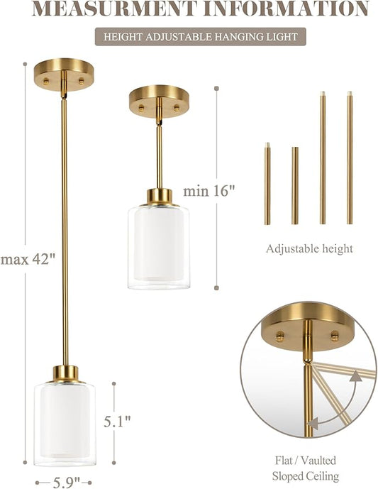 1-Light Mini Pendant Light Fixtures, 3-Pack Modern Hanging Ceiling Lighting, Adjustable Height, Gold Pendant Lamp with Dual Glass for Kitchen Island Bedroom