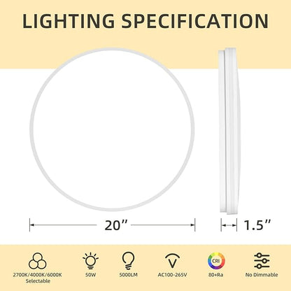 20 Inch Flush Mount Ceiling Light 50W, White LED Ceiling Light with Side Light, 2700K/4000K/6000K CCT Selectable, 5000lm Round Light Fixtures for Bedroom, Kitchen, Dining Room, Living Room