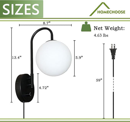 Dimmable E12 Wall Sconces Set of 2,Plug in Wall Sconces with 6.56ft Power Cord,Globe Electric Plug in Wall Sconce,Wall Lights with Milky White Glass Globe Shade(2 Bulbs Included)