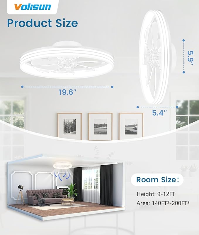 VOLISUN Low Profile Ceiling Fans with Lights and Remote, 20in Flush Mount Ceiling Fan with Light, 3000K-6500K Dimmable Fandelier LED Fan Light, White Bladeless Ceiling Fans with Lights for Bedroom
