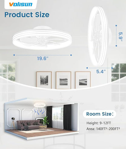 VOLISUN Low Profile Ceiling Fans with Lights and Remote, 20in Flush Mount Ceiling Fan with Light, 3000K-6500K Dimmable Fandelier LED Fan Light, White Bladeless Ceiling Fans with Lights for Bedroom