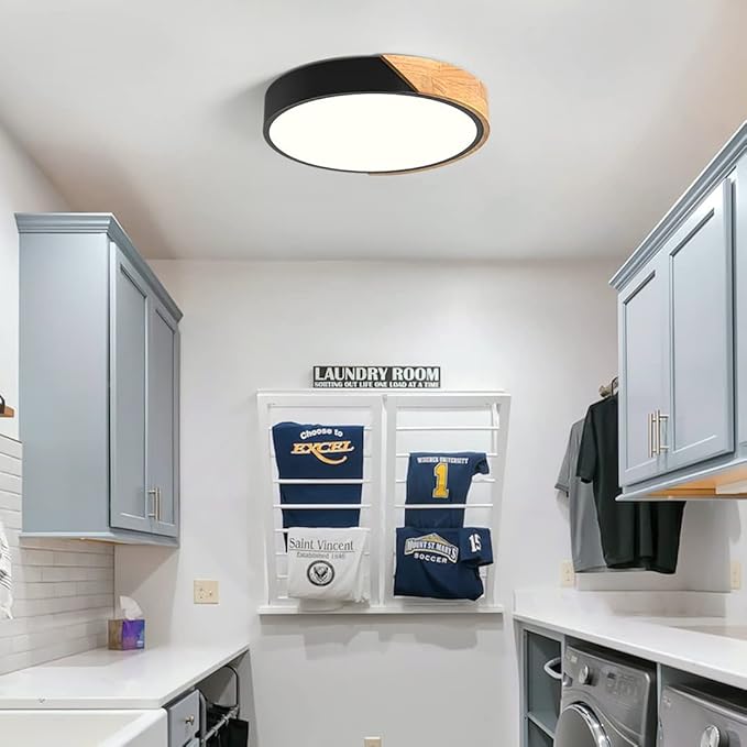 Modern LED Ceiling Light, Minimalist Wood Flush Mount Ceiling Light Fixture, 4000K Not Dimmable, Circle Lighting Lamp with Acrylic Lampshade for Bedroom Laundry Room Hallway (Black,11.8")
