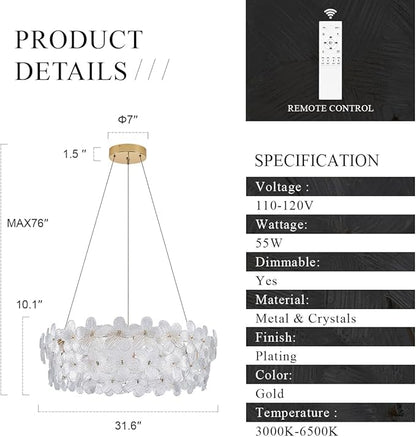 D32’’ Flower Luxury Crystal Modern LED Chandelier Gold Dimmable 3000-6500K Large Contemporary Chandeliers Light with Remote Control for High Ceiling Foyer Living Room Bedroom Entryway