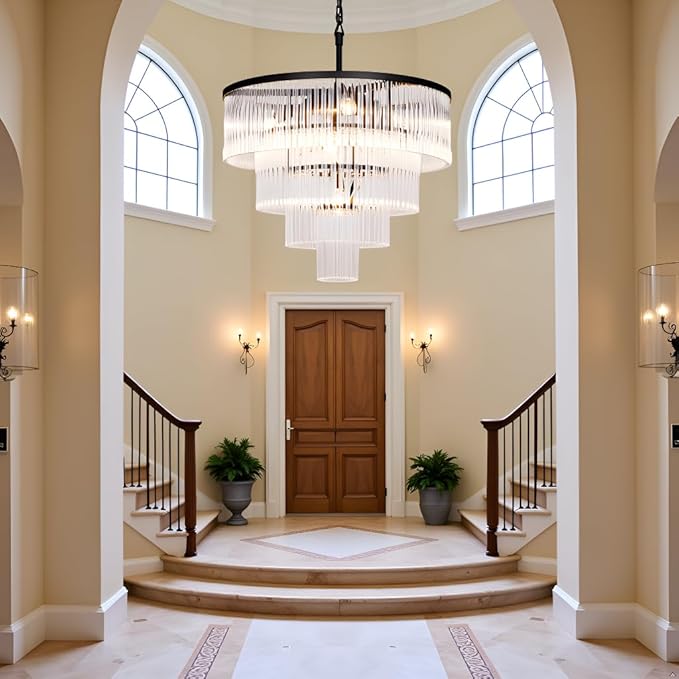 Modern Multi-Tier Crystal Chandelier 4-Tier Round Black Finish Ceiling Light -Cylindrical Glass Rods -Dining Room Living Room Bedroom Entryway -Luxury Lighting Fixture 20''