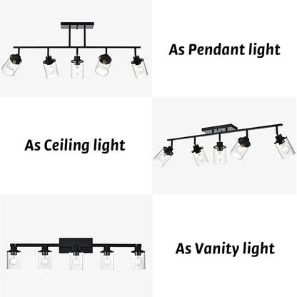 5-Light Adjustable Track Lighting Kit in Matte Black Semi Flush Mount Ceiling Light with 5 Rotatable Light Heads Modern Vanity Lights for Bathroom, Clear Glass Shade