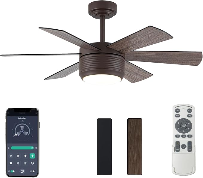 SHOWDI Ceiling Fan with Lights and Remote, 6 Blade App Control Timer Reversible Stepless Brightness and Color Temperature Outdoor Wood Ceiling Fan with Lights (Brown, 42 Inch)