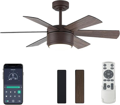 SHOWDI Ceiling Fan with Lights and Remote, 6 Blade App Control Timer Reversible Stepless Brightness and Color Temperature Outdoor Wood Ceiling Fan with Lights (Brown, 42 Inch)