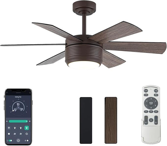 SHOWDI Ceiling Fan with Lights and Remote, 6 Blade App Control Timer Reversible Stepless Brightness and Color Temperature Outdoor Wood Ceiling Fan with Lights (Brown, 42 Inch)