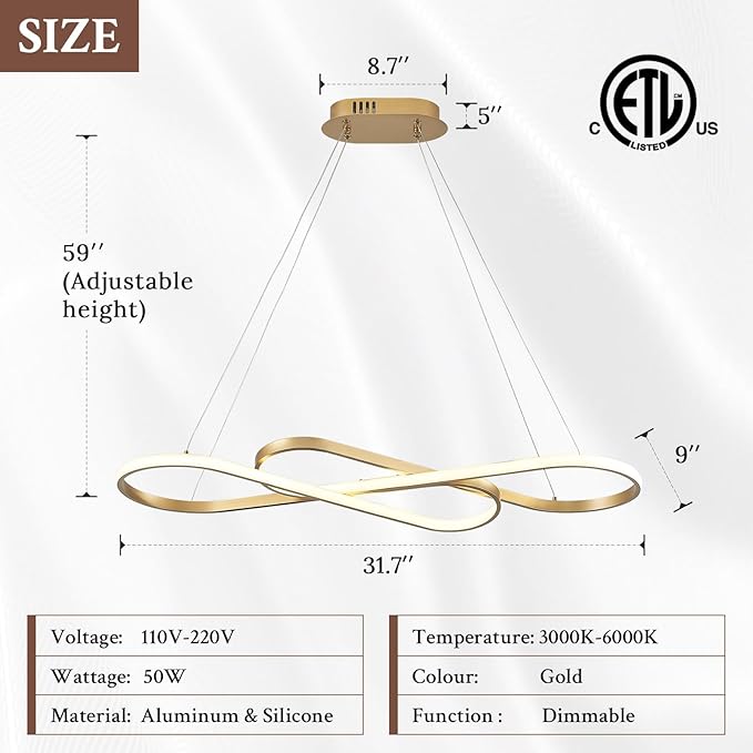 Modern LED Chandelier Gold Dimmable LED Pendant Light for Dining Room Light Fixture Over Table Modern Kitchen Island Lighting High Ceiling with Remote for Living Room, 31.7 Inch