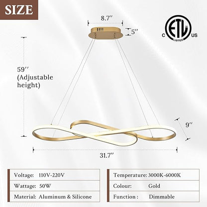 Modern LED Chandelier Gold Dimmable LED Pendant Light for Dining Room Light Fixture Over Table Modern Kitchen Island Lighting High Ceiling with Remote for Living Room, 31.7 Inch