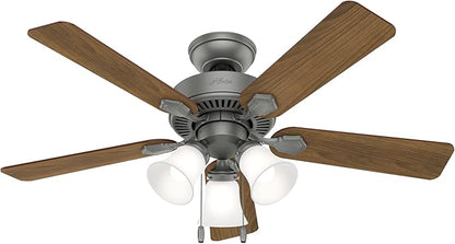 Hunter 44 inch Indoor Ceiling Fan with LED Lights - Ceiling Fan with Pull Chain, For Bedroom, Living Room, or Kitchen, Standard Mount, No Remote, 5 Blades - Swanson 50882, Matte Silver