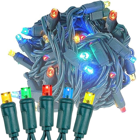 Novelty Lights 25ft 50 LED Multicolor Christmas Lights Outdoor/Indoor, 6" Spacing, Green Wire String Lights for Festive Xmas Lighting, IP55, UL Listed, Dimmable, Connectable