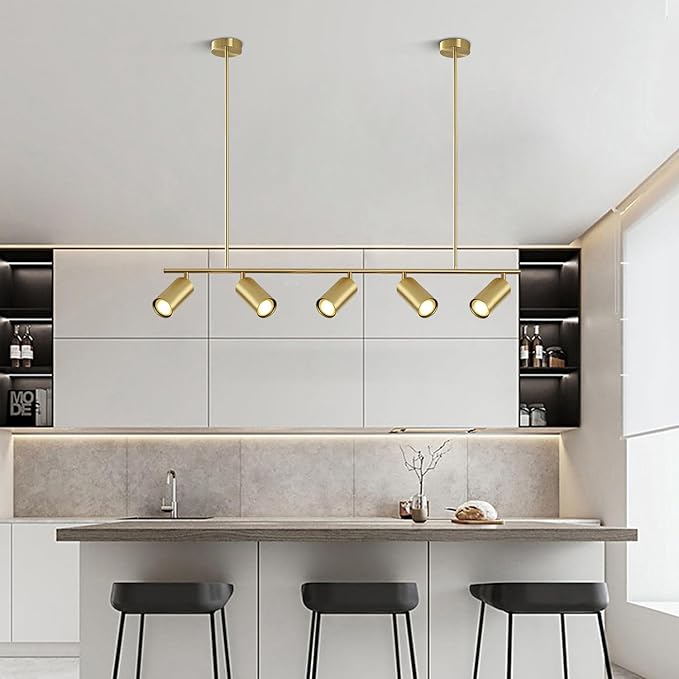 BOKT Brass Gold 5-Light Track Lighting Pendant Mid Century Modern LED Hanging Track Lighting Kit Vanity Linear Track Lighting Kitchen Island Adjustable Spot Light Ceiling