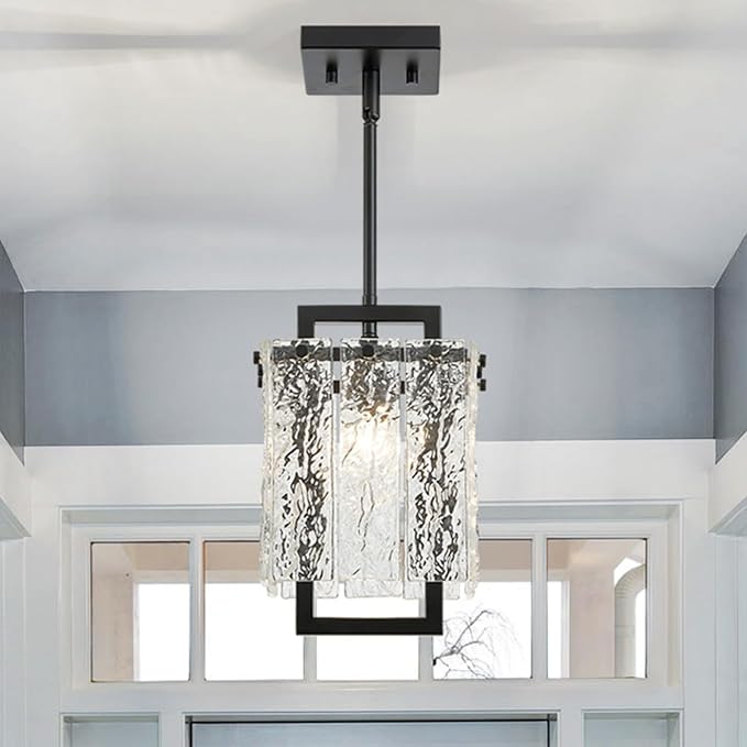 Shrine Lighting Black Chandeliers, Modern Glass Pendnat Light for Dining Room, D6.3''×H19.5'', Adjustable 50.8'', 1 x E12 Sockets, Glass LampShade & Black Finish Frame