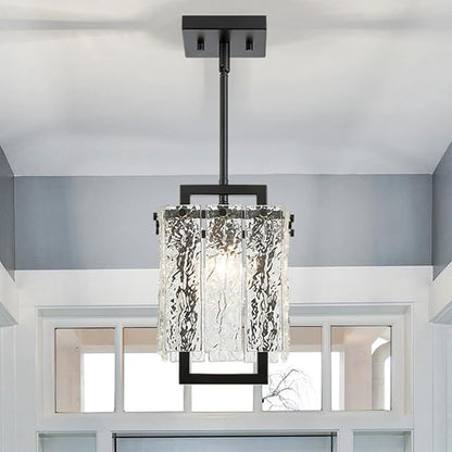Shrine Lighting Black Chandeliers, Modern Glass Pendnat Light for Dining Room, D6.3''×H19.5'', Adjustable 50.8'', 1 x E12 Sockets, Glass LampShade & Black Finish Frame