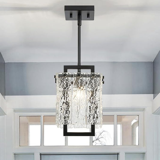 Shrine Lighting Black Chandeliers, Modern Glass Pendnat Light for Dining Room, D6.3''×H19.5'', Adjustable 50.8'', 1 x E12 Sockets, Glass LampShade & Black Finish Frame