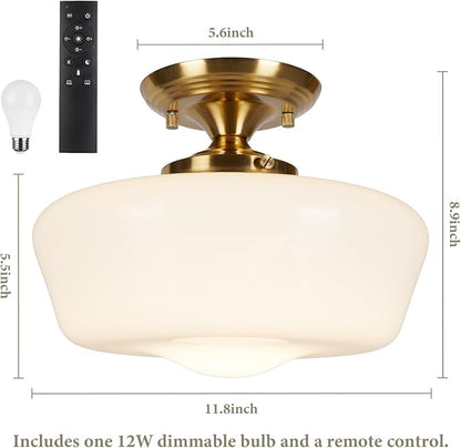 Schoolhouse Style Semi Flush Mount Ceiling Light with Dimmable Bulb Remote Control, 12" Modern Gold Hallway Ceiling Lamp with Opal Milk Glass Shade, Farmhouse Globe Light for Bedroom Kitchen Laundry
