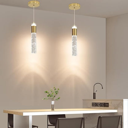 2 Pack Modern Kitchen Island Pendant Lights, Gold Bubble Crystal Ceiling Hanging Light, 3 Color 2700K/4500K/6500K, Mini Linear LED Chandelier Lighting for Dining Room, Bedroom, Bar, Hallway, Bedside
