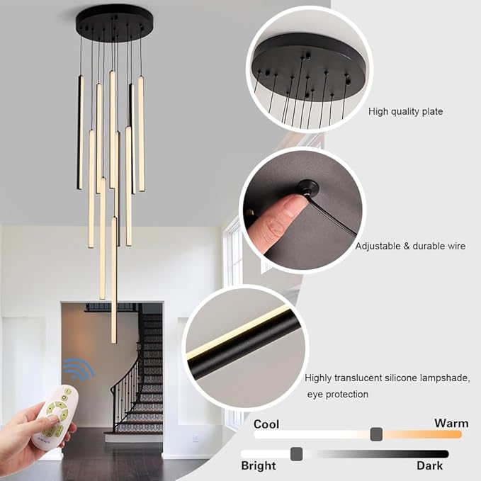HuisMier Modern LED Chandelier, 10 Lights Black Dimmable Linear Pendant Light with Remote Control, High Ceiling Chandelier Adjustable Height for Staircase Living Room Hallway Foyer