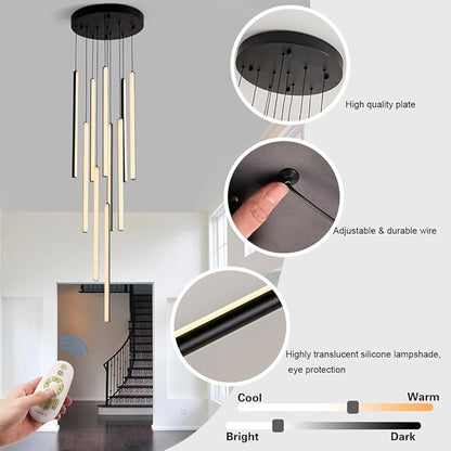 HuisMier Modern LED Chandelier, 10 Lights Black Dimmable Linear Pendant Light with Remote Control, High Ceiling Chandelier Adjustable Height for Staircase Living Room Hallway Foyer